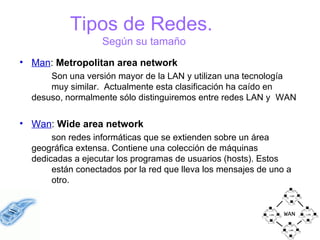 Man :  Metropolitan area network  Son una versión mayor de la LAN y utilizan una tecnología  muy similar.  Actualmente esta clasificación ha caído en  desuso, normalmente sólo distinguiremos entre redes LAN y  WAN  Wan :  Wide area network son redes informáticas que se extienden sobre un área  geográfica extensa. Contiene una colección de máquinas  dedicadas a ejecutar los programas de usuarios (hosts). Estos  están conectados por la red que lleva los mensajes de uno a  otro. Tipos de Redes.  Según su tamaño 