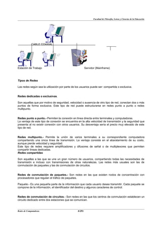 Facultad de Filosofía, Letras y Ciencias de la Educación




             CABLE COAXIAL




Estación de Trabajo                                     Servidor (Mainframe)



Tipos de Redes

Las redes según sea la utilización por parte de los usuarios puede ser: compartida o exclusiva.


Redes dedicadas o exclusivas.

Son aquellas que por motivo de seguridad, velocidad o ausencia de otro tipo de red, conectan dos o más
puntos de forma exclusiva. Este tipo de red puede estructurarse en redes punto a punto o redes
multipunto.


Redes punto a punto.- Permiten la conexión en línea directa entre terminales y computadoras.
La ventaja de este tipo de conexión se encuentra en la alta velocidad de transmisión y la seguridad que
presenta al no existir conexión con otros usuarios. Su desventaja sería el precio muy elevado de este
tipo de red.


Redes multipunto.- Permite la unión de varios terminales a su correspondiente computadora
compartiendo una única línea de transmisión. La ventaja consiste en el abaratamiento de su costo,
aunque pierde velocidad y seguridad.
Este tipo de redes requiere amplificadores y difusores de señal o de multiplexores que permiten
compartir líneas dedicadas.
Redes compartidas

Son aquellas a las que se une un gran número de usuarios, compartiendo todas las necesidades de
transmisión e incluso con transmisiones de otras naturalezas. Las redes más usuales son las de
conmutación de paquetes y las de conmutación de circuitos.


Redes de conmutación de paquetes.- Son redes en las que existen nodos de concentración con
procesadores que regulan el tráfico de paquetes.

Paquete.- Es una pequeña parte de la información que cada usuario desea transmitir. Cada paquete se
compone de la información, el identificador del destino y algunos caracteres de control.


Redes de conmutación de circuitos.- Son redes en las que los centros de conmutación establecen un
circuito dedicado entre dos estaciones que se comunican.



Redes de Computadoras                             11
                                                 BANS
 