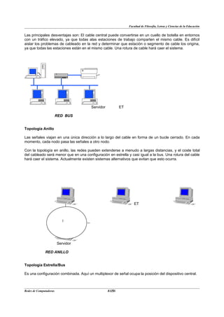 Facultad de Filosofía, Letras y Ciencias de la Educación


Las principales desventajas son: El cable central puede convertirse en un cuello de botella en entornos
con un tráfico elevado, ya que todas alas estaciones de trabajo comparten el mismo cable. Es difícil
aislar los problemas de cableado en la red y determinar que estación o segmento de cable los origina,
ya que todas las estaciones están en el mismo cable. Una rotura de cable hará caer el sistema.




                                       Servidor          ET

                        RED BUS


Topología Anillo

Las señales viajan en una única dirección a lo largo del cable en forma de un bucle cerrado. En cada
momento, cada nodo pasa las señales a otro nodo.

Con la topología en anillo, las redes pueden extenderse a menudo a largas distancias, y el coste total
del cableado será menor que en una configuración en estrella y casi igual a la bus. Una rotura del cable
hará caer el sistema. Actualmente existen sistemas alternativos que evitan que esto ocurra.




                                                                  ET




                        Servidor

              RED ANILLO


Topología Estrella/Bus

Es una configuración combinada. Aquí un multiplexor de señal ocupa la posición del dispositivo central.



Redes de Computadoras                              15
                                                  BANS
 
