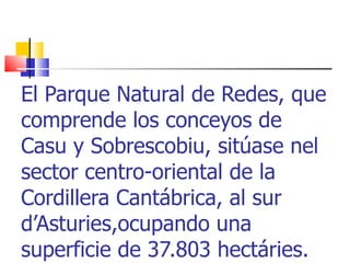 El Parque Natural de Redes, que comprende los conceyos de Casu y Sobrescobiu, sitúase nel sector centro-oriental de la Cordillera Cantábrica, al sur d’Asturies,ocupando una superficie de 37.803 hectáries.  