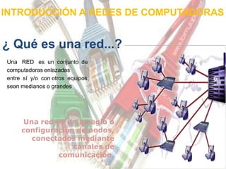 INTRODUCCIÓN A REDES DE COMPUTADORAS


¿ Qué es una red...?
Una RED es un conjunto de
computadoras enlazadas
entre sí y/o con otros equipos,
sean medianos o grandes




     Una red es un arreglo o
     configuración de nodos,
       conectados mediante
                  canales de
              comunicación.
 