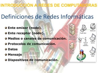 INTRODUCCIÓN A REDES DE COMPUTADORAS

Definiciones de Redes Informáticas
  Ente emisor (nodo).
  Ente receptor (nodo).
  Medios o canales de comunicación.
  Protocolos de comunicación.
  Datos
  Mensaje
  Dispositivos de comunicación.
 