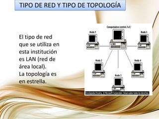 TIPO DE RED Y TIPO DE TOPOLOGÍAEl tipo de red que se utiliza en esta institución es LAN (red de área local).La topología es en estrella.
