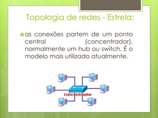 Topologia de redes - Estrela:

 asconexões partem de um ponto
 central             (concentrador),
 normalmente um hub ou switch. É o
 modelo mais utilizado atualmente.
 
