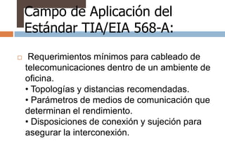 Campo de Aplicación del
    Estándar TIA/EIA 568-A:
    Requerimientos mínimos para cableado de
    telecomunicaciones dentro de un ambiente de
    oficina.
    • Topologías y distancias recomendadas.
    • Parámetros de medios de comunicación que
    determinan el rendimiento.
    • Disposiciones de conexión y sujeción para
    asegurar la interconexión.
 