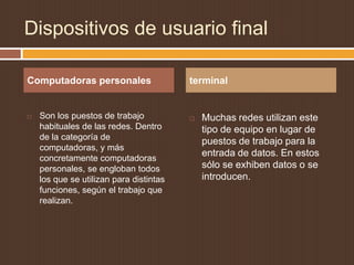 Dispositivos de usuario final

Computadoras personales                  terminal


   Son los puestos de trabajo              Muchas redes utilizan este
    habituales de las redes. Dentro          tipo de equipo en lugar de
    de la categoría de
                                             puestos de trabajo para la
    computadoras, y más
                                             entrada de datos. En estos
    concretamente computadoras
    personales, se engloban todos            sólo se exhiben datos o se
    los que se utilizan para distintas       introducen.
    funciones, según el trabajo que
    realizan.
 