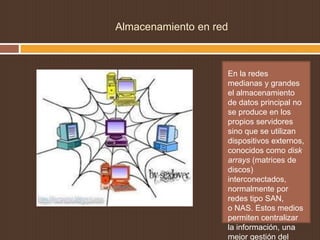 Almacenamiento en red



                    En la redes
                    medianas y grandes
                    el almacenamiento
                    de datos principal no
                    se produce en los
                    propios servidores
                    sino que se utilizan
                    dispositivos externos,
                    conocidos como disk
                    arrays (matrices de
                    discos)
                    interconectados,
                    normalmente por
                    redes tipo SAN,
                    o NAS. Estos medios
                    permiten centralizar
                    la información, una
                    mejor gestión del
 