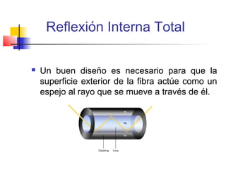 Reflexión Interna Total

   Un buen diseño es necesario para que la
    superficie exterior de la fibra actúe como un
    espejo al rayo que se mueve a través de él.
 
