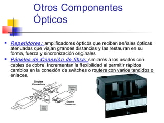 Otros Componentes
              Ópticos

   Repetidores: amplificadores ópticos que reciben señales ópticas
    atenuadas que viajan grandes distancias y las restauran en su
    forma, fuerza y sincronización originales
   Páneles de Conexión de fibra: similares a los usados con
    cables de cobre. Incrementan la flexibilidad al permitir rápidos
    cambios en la conexión de switches o routers con varios tendidos o
    enlaces.
 