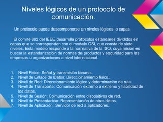 Niveles lógicos de un protocolo de
                comunicación.
  Un protocolo puede descomponerse en niveles lógicos o capas.

  El comité 802 del IEEE desarrolla protocolos estándares divididos en
capas que se corresponden con el modelo OSI, que consta de siete
niveles. Esta modelo responde a la normativa de la ISO, cuya misión es
buscar la estandarización de normas de productos y seguridad para las
empresas u organizaciones a nivel internacional.


1.   Nivel Físico: Señal y transmisión binaria.
2.   Nivel de Enlace de Datos: Direccionamiento físico.
3.   Nivel de Red: Direccionamiento lógico y determinación de ruta.
4.   Nivel de Transporte: Comunicación extremo a extremo y fiabilidad de
     los datos.
5.   Nivel de Sesión: Comunicación entre dispositivos de red.
6.   Nivel de Presentación: Representación de otros datos.
7.   Nivel de Aplicación: Servidor de red a aplicadores.
 