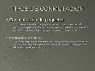 TIPOS DE CONMUTACIÓN Conmutación de paquetes Los datos se transmiten en paquetes cortos, cuanto mayor sea el paquete mas posibilidades de que se estropeen, pero si son demasiados pequeños  la eficacia baja, hay que buscar un termino medio. Conmutación de circuitos. Los nodos intermedios tienen un canal lógico dedicado a esa conexión siguiendo los siguientes pasos: establecer el circuito, transferencia de datos, desconexión del circuito. 