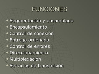 FUNCIONES Segmentación y ensamblado Encapsulamiento Control de conexión Entrega ordenada Control de errores Direccionamiento Multiplexación Servicios de transmisión 