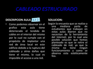 CABLEADO ESTRUCURADO DESCRIPCION AULA  Como podemos observar en el grafico esta aula tiene deteriorado el tendido de cables en el interior del mismo por lo cual no cumple con el propósito de implantar una red de área local en este edificio debido a la ruptura del cableado y otros daños que tiene el mismo, lo cual es imposible el acceso a una red. SOLUCION: Según la encuesta que se realizo a una mediana parte de estudiantes que trabajan en estas aulas dijeron que no necesitan de la herramienta del Internet; por lo cual una posible solución que hemos planteado es que se retire el cableado de red; ya que la misma no tiene ningún funcionamiento y como se observa esta estéticamente feo.  