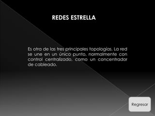 REDES ESTRELLA




Es otra de las tres principales topologías. La red
se une en un único punto, normalmente con
control centralizado, como un concentrador
de cableado.




                                                     Regresar
 