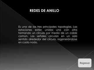 REDES DE ANILLO



Es una de las tres principales topologías. Las
estaciones están unidas una con otra
formando un círculo por medio de un cable
común. Las señales circulan en un solo
sentido alrededor del círculo, regenerándose
en cada nodo.




                                                 Regresar
 