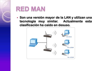    Son una versión mayor de la LAN y utilizan una
    tecnología muy similar.      Actualmente esta
    clasificación ha caído en desuso.
 