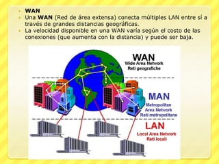  WAN
 Una WAN (Red de área extensa) conecta múltiples LAN entre sí a
  través de grandes distancias geográficas.
 La velocidad disponible en una WAN varía según el costo de las
  conexiones (que aumenta con la distancia) y puede ser baja.
 