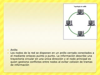    Anillo
   Los nodos de la red se disponen en un anillo cerrado conectados a
    el mediante enlaces puinto a punto. La información describe una
    trayectoria circular en una única dirección y el nodo principal es
    quien gestiona conflictos entre nodos al evitar colision de tramas
    de información
 