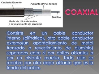 Consiste en un cable conductor
interno (cilíndrico), otro cable conductor
externo(un apantallamiento de metal
trenzado o revestimiento de aluminio)
separados entre sí por anillos aislantes o
por un aislante macizo. Todo esto se
recubre por otra capa aislante que es la
funda del cable.
 