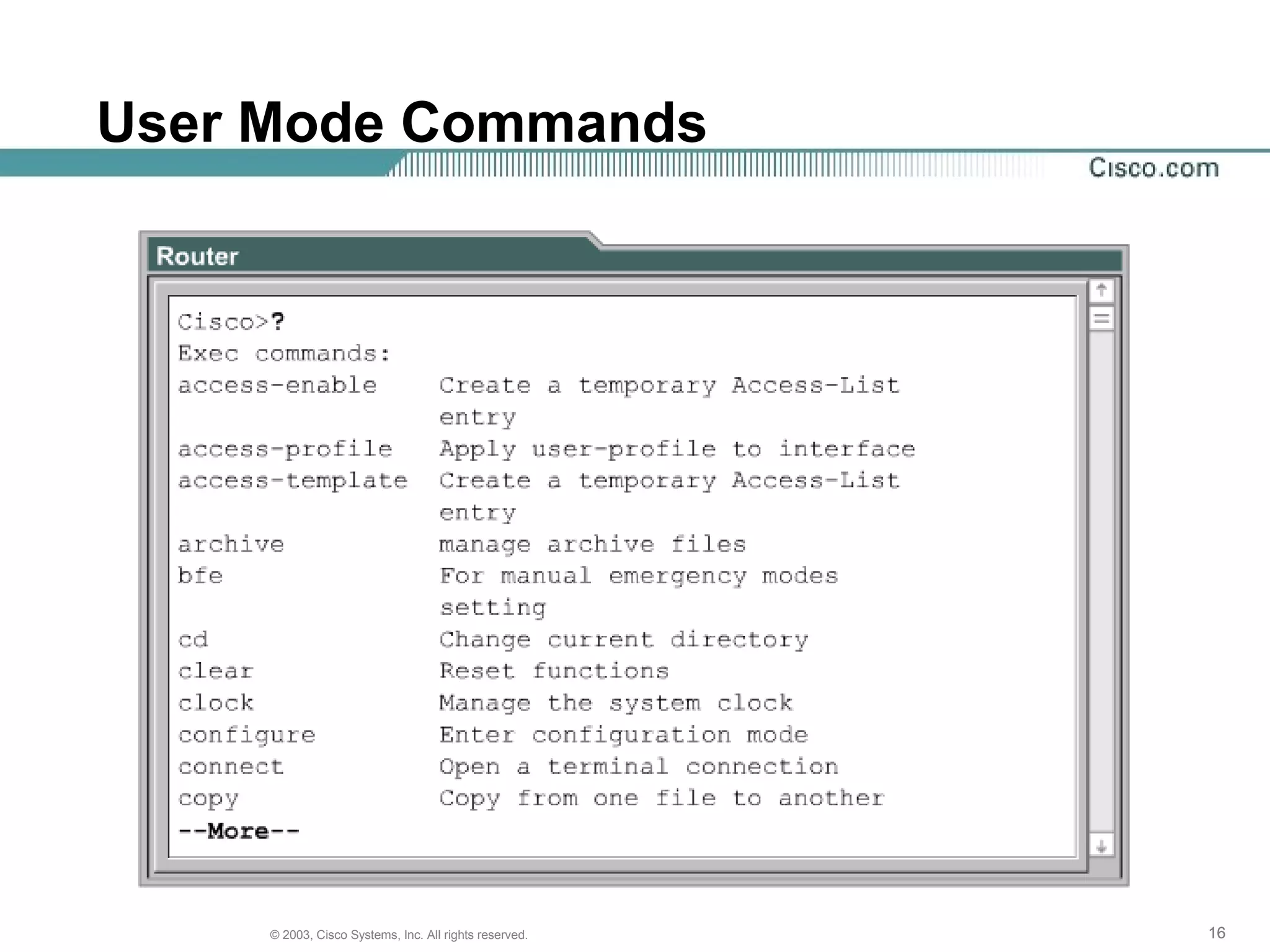 161616© 2003, Cisco Systems, Inc. All rights reserved.
User Mode Commands
 