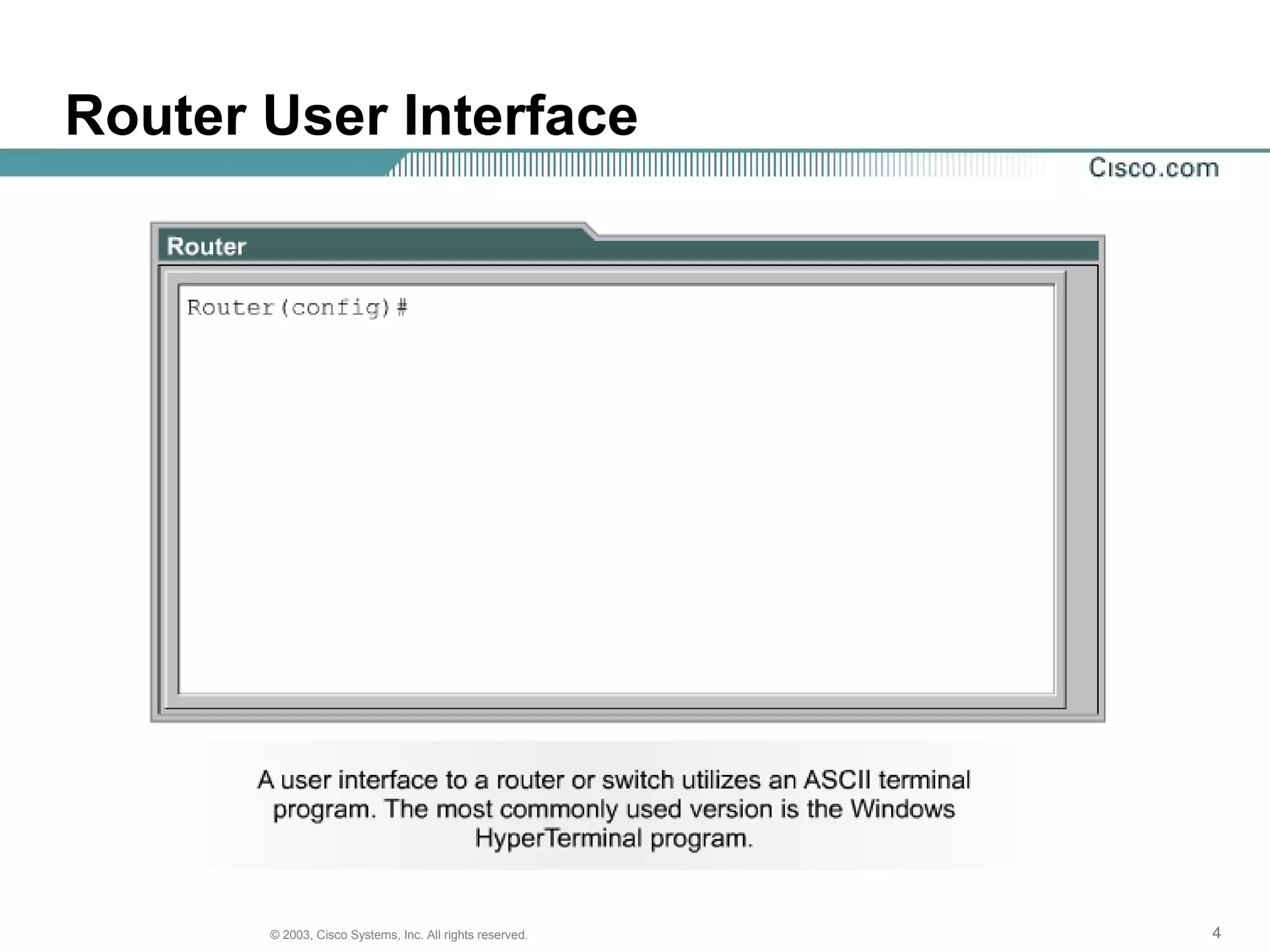 444© 2003, Cisco Systems, Inc. All rights reserved.
Router User Interface
 