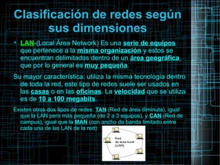 Clasificación de redes según
sus dimensiones

LAN-(Local Área Network) Es una serie de equipos
que pertenece a la misma organización y estos se
encuentran delimitados dentro de un área geográfica
que por lo general es muy pequeña.
Su mayor característica: utiliza la misma tecnología dentro
de toda la red, este tipo de redes suele ser usados en
las casas o en las oficinas. La velocidad que se utiliza
es de 10 a 100 megabits.
Existen otros dos tipos de redes: TAN (Red de área diminuta), igual
que la LAN pero más pequeña (de 2 a 3 equipos), y CAN (Red de
campus), igual que la MAN (con ancho de banda limitado entre
cada una de las LAN de la red).
 