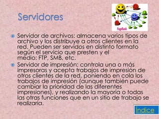  Servidor de archivos: almacena varios tipos de
archivo y los distribuye a otros clientes en la
red. Pueden ser servidos en distinto formato
según el servicio que presten y el
medio: FTP, SMB, etc.
 Servidor de impresión: controla una o más
impresoras y acepta trabajos de impresión de
otros clientes de la red, poniendo en cola los
trabajos de impresión (aunque también puede
cambiar la prioridad de las diferentes
impresiones), y realizando la mayoría o todas
las otras funciones que en un sitio de trabajo se
realizaría.
Índice
 