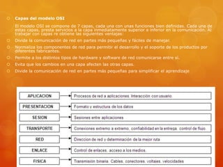  Capas del modelo OSI
El modelo OSI se compone de 7 capas, cada una con unas funciones bien definidas. Cada una de
estas capas, presta servicios a la capa inmediatamente superior e inferior en la comunicación. Al
trabajar con capas re obtiene las siguientes ventajas:
 Divide la comunicación de red en partes más pequeñas y fáciles de manejar.
 Normaliza los componentes de red para permitir el desarrollo y el soporte de los productos por
diferentes fabricantes.
 Permite a los distintos tipos de hardware y software de red comunicarse entre sí.
 Evita que los cambios en una capa afecten las otras capas.
 Divide la comunicación de red en partes más pequeñas para simplificar el aprendizaje
 