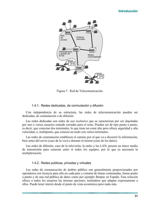 IIInnntttrrroooddduuucccccciiióóónnn
11
Figura 7. Red de Telecomunicación.
1.4.1. Redes dedicadas, de conmutación y difusión
Con independencia de su estructura, las redes de telecomunicación pueden ser
dedicadas, de conmutación o de difusión.
Las redes dedicadas son redes de uso exclusivo que se caracterizan por ser alquiladas
por uno o varios usuarios estando cerradas para el resto. Pueden ser de tipo punto a punto,
es decir, que conectan dos terminales, lo que tiene un coste alto pero ofrece seguridad y alta
velocidad; o, multipunto, que conecta un nodo con varios terminales.
Las redes de conmutación establecen el camino por el que va a discurrir la información,
bien antes del envío (caso de la voz) o durante el mismo (caso de los datos).
Las redes de difusión, caso de la televisión, la radio y las LAN, poseen un único medio
de transmisión para conectar entre sí todos los equipos, por lo que es necesaria la
multiplexación.
1.4.2. Redes públicas, privadas y virtuales
Las redes de comunicación de ámbito público son generalmente proporcionados por
operadores con licencia para ello en cada país y constan de líneas conmutadas, líneas punto
a punto y de una red pública de datos como por ejemplo Iberpac en España. Esta solución
ofrece a todos los usuarios las mismas opciones, teniéndose que adaptar expresamente a
ellos. Puede tener interés desde el punto de vista económico pero nada más.
 