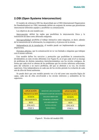 MMMooodddeeelllooo OOOSSSIII
13
2.OSI (Open Systems Interconection)
El modelo de referencia OSI fue desarrollado por el ISO (International Organization
for Standardization) en 1984, intentando definir un conjunto de normas que permitieran
interconectar diferentes equipos y posibilitar su comunicación.
Los objetivos de este modelo son :
Interconexión: definir las reglas que posibiliten la interconexión física y la
transmisión de datos entre diferentes máquinas.
Interoperabilidad: posibilita el trabajo interactivo entre máquinas, es decir, además
de la transmisión de la información, la compresión y el proceso de la misma.
Independencia de la instalación: el modelo puede ser implementado en cualquier
arquitectura.
Extremos abiertos: que la comunicación no se vea limitada a máquinas que trabajan
con el mismo software.
Este modelo define los servicios y protocolos que posibilitan la comunicación,
dividiéndolos en siete niveles diferentes (ver Figura 8), en el que cada nivel se encarga
de problemas de distinta naturaleza interrelacionándose con los niveles contiguos, de
forma que cada nivel se abstrae de los problemas que los niveles inferiores solucionan,
para dar solución a un nuevo problema, del que se abstraen a su vez, los niveles
superiores. Esta independencia en cada uno de los niveles permite la evolución de cada
uno de ellos de forma autónoma.
Se puede decir que este modelo permite ver a la red como una sucesión lógica de
capas, cada una de ellas envolviendo a los niveles inferiores y aislándolos de los
superiores.
SEMÁNTICA DE LOS DATOS
REPRESENTACION DE LOS DATOS
DIALOGO ORDENADO
EXTREMO A EXTREMO
ENCAMINAMIENTO
PUNTO A PUNTO
MEDIO FÍSICO
APLICACIÓN
SESION
TRANSPORTE
RED
PRESENTACIÓN
ENLACE
FISICA
APLICACIÓN
SESION
TRANSPORTE
RED
PRESENTACIÓN
ENLACE
FISICA
SEMÁNTICA DE LOS DATOS
REPRESENTACION DE LOS DATOS
DIALOGO ORDENADO
EXTREMO A EXTREMO
ENCAMINAMIENTO
PUNTO A PUNTO
MEDIO FÍSICO
APLICACIÓN
SESION
TRANSPORTE
RED
PRESENTACIÓN
ENLACE
FISICA
APLICACIÓN
SESION
TRANSPORTE
RED
PRESENTACIÓN
ENLACE
FISICA
APLICACIÓN
SESION
TRANSPORTE
RED
PRESENTACIÓN
ENLACE
FISICA
APLICACIÓN
SESION
TRANSPORTE
RED
PRESENTACIÓN
ENLACE
FISICA
Figura 8. Niveles del modelo OSI.
 