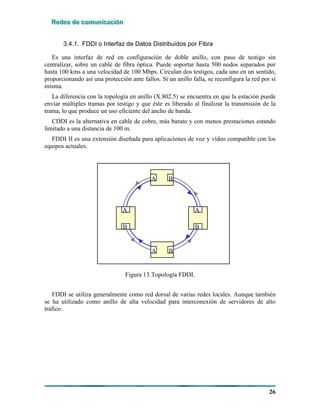 RRReeedddeeesss dddeee cccooommmuuunnniiicccaaaccciiióóónnn
26
3.4.1. FDDI o Interfaz de Datos Distribuidos por Fibra
Es una interfaz de red en configuración de doble anillo, con paso de testigo sin
centralizar, sobre un cable de fibra óptica. Puede soportar hasta 500 nodos separados por
hasta 100 kms a una velocidad de 100 Mbps. Circulan dos testigos, cada uno en un sentido,
proporcionando así una protección ante fallos. Si un anillo falla, se reconfigura la red por sí
misma.
La diferencia con la topología en anillo (X.802.5) se encuentra en que la estación puede
enviar múltiples tramas por testigo y que éste es liberado al finalizar la transmisión de la
trama, lo que produce un uso eficiente del ancho de banda.
CDDI es la alternativa en cable de cobre, más barato y con menos prestaciones estando
limitado a una distancia de 100 m.
FDDI II es una extensión diseñada para aplicaciones de voz y vídeo compatible con los
equipos actuales.
B
A
B
A
A B
A B
B
A
B
A
B
A
B
A
A BA B
A BA B
Figura 13.Topología FDDI.
FDDI se utiliza generalmente como red dorsal de varias redes locales. Aunque también
se ha utilizado como anillo de alta velocidad para interconexión de servidores de alto
tráfico.
 