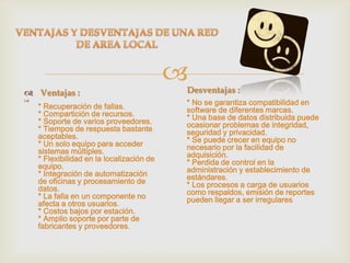 
 Ventajas :


* Recuperación de fallas.
* Compartición de recursos.
* Soporte de varios proveedores.
* Tiempos de respuesta bastante
aceptables.
* Un solo equipo para acceder
sistemas múltiples.
* Flexibilidad en la localización de
equipo.
* Integración de automatización
de oficinas y procesamiento de
datos.
* La falla en un componente no
afecta a otros usuarios.
* Costos bajos por estación.
* Amplio soporte por parte de
fabricantes y proveedores.

Desventajas :
* No se garantiza compatibilidad en
software de diferentes marcas.
* Una base de datos distribuida puede
ocasionar problemas de integridad,
seguridad y privacidad.
* Se puede crecer en equipo no
necesario por la facilidad de
adquisición.
* Perdida de control en la
administración y establecimiento de
estándares.
* Los procesos a carga de usuarios
como respaldos, emisión de reportes
pueden llegar a ser irregulares.

 