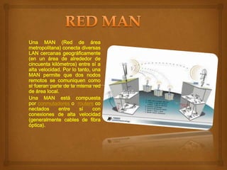 Una MAN (Red de área
metropolitana) conecta diversas
LAN cercanas geográficamente
(en un área de alrededor de
cincuenta kilómetros) entre sí a
alta velocidad. Por lo tanto, una
MAN permite que dos nodos
remotos se comuniquen como
si fueran parte de la misma red
de área local.
Una MAN está compuesta
por conmutadores o routers co
nectados
entre
sí
con
conexiones de alta velocidad
(generalmente cables de fibra
óptica).

 
