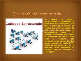Un
sistema
de
cableado
estructurado es la infraestructura de
cable destinada a transportar, a lo
largo y ancho de un edificio, las
señales que emite un emisor de
algún tipo de señal hasta el
correspondiente
receptor.
Un
sistema de cableado estructurado
es físicamente una red de cable
única
y
completa,
con
combinaciones de alambre de cobre
(pares trenzados sin blindar UTP),
cables de fibra óptica, bloques de
conexión, cables terminados en
diferentes tipos de conectores y
adaptadores.

 