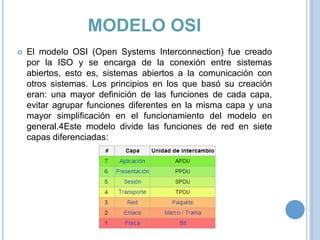 MODELO OSI


El modelo OSI (Open Systems Interconnection) fue creado
por la ISO y se encarga de la conexión entre sistemas
abiertos, esto es, sistemas abiertos a la comunicación con
otros sistemas. Los principios en los que basó su creación
eran: una mayor definición de las funciones de cada capa,
evitar agrupar funciones diferentes en la misma capa y una
mayor simplificación en el funcionamiento del modelo en
general.4Este modelo divide las funciones de red en siete
capas diferenciadas:

 
