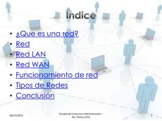 •
•
•
•
•
•
•

¿Que es una red?
Red
Red LAN
Red WAN
Funcionamiento de red
Tipos de Redes
Conclusión

06/11/2013

Escuela de Comercio y Administración –
Sto. Tomas 1CV5

2

 
