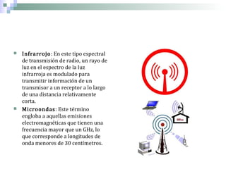 



Infrarrojo : En este tipo espectral
de transmisión de radio, un rayo de
luz en el espectro de la luz
infrarroja es modulado para
transmitir información de un
transmisor a un receptor a lo largo
de una distancia relativamente
corta.
Microondas: Este término
engloba a aquellas emisiones
electromagnéticas que tienen una
frecuencia mayor que un GHz, lo
que corresponde a longitudes de
onda menores de 30 centímetros.

 