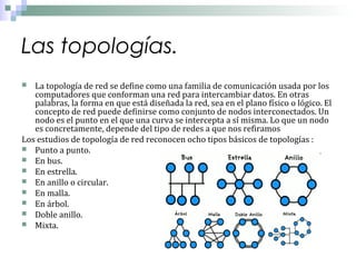 Las topologías.
La topología de red se define como una familia de comunicación usada por los
computadores que conforman una red para intercambiar datos. En otras
palabras, la forma en que está diseñada la red, sea en el plano físico o lógico. El
concepto de red puede definirse como conjunto de nodos interconectados. Un
nodo es el punto en el que una curva se intercepta a sí misma. Lo que un nodo
es concretamente, depende del tipo de redes a que nos refiramos
Los estudios de topología de red reconocen ocho tipos básicos de topologías :
 Punto a punto.
 En bus.
 En estrella.
 En anillo o circular.
 En malla.
 En árbol.
 Doble anillo.
 Mixta.


 