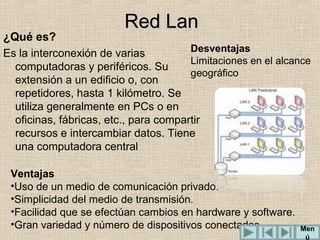 Red Lan

¿Qué es?
Desventajas
Es la interconexión de varias
Limitaciones en el alcance
computadoras y periféricos. Su
geográfico
extensión a un edificio o, con
repetidores, hasta 1 kilómetro. Se
utiliza generalmente en PCs o en
oficinas, fábricas, etc., para compartir
recursos e intercambiar datos. Tiene
una computadora central
Ventajas
•Uso de un medio de comunicación privado.
•Simplicidad del medio de transmisión.
•Facilidad que se efectúan cambios en hardware y software.
•Gran variedad y número de dispositivos conectados.

Men
ú

 