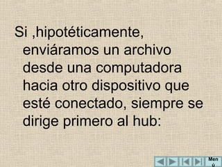 Si ,hipotéticamente,
enviáramos un archivo
desde una computadora
hacia otro dispositivo que
esté conectado, siempre se
dirige primero al hub:
Men
ú

 