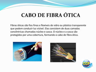 CABO DE FIBRA ÓTICA
Fibras óticas são fios finos e flexíveis de vidro ou plástico transparente
que podem conduzir luz visível. Elas consistem de duas camadas
concêntricas chamadas núcleo e casca. O núcleo e a casca são
protegidos por uma cobertura, formando o cabo de fibra ótica.
 