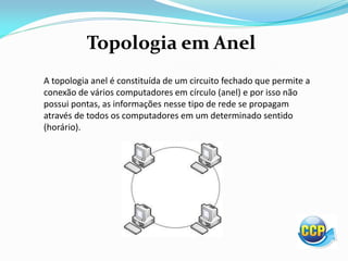 Topologia em Anel
A topologia anel é constituída de um circuito fechado que permite a
conexão de vários computadores em círculo (anel) e por isso não
possui pontas, as informações nesse tipo de rede se propagam
através de todos os computadores em um determinado sentido
(horário).
 