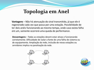 Topologia em Anel
Vantagens – Não há atenuação do sinal transmitido, já que ele é
regenerado cada vez que passa por uma estação. Possibilidade de
ter dois anéis funcionando ao mesmo tempo, onde caso exista falha
em um, somente ocorrerá uma queda de performance.
Desvantagens – Todas as estações devem estar ativas e funcionando
corretamente. Dificuldade de isolar a fonte de uma falha de sistema ou
de equipamento. Ampliação da rede, inclusão de novas estações ou
servidores implica na paralisação da rede.
 