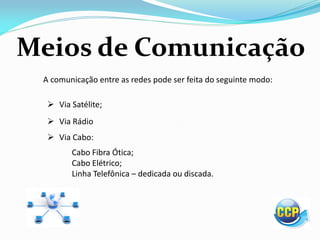 Meios de Comunicação
A comunicação entre as redes pode ser feita do seguinte modo:
 Via Satélite;
 Via Rádio
 Via Cabo:
Cabo Fibra Ótica;
Cabo Elétrico;
Linha Telefônica – dedicada ou discada.
 