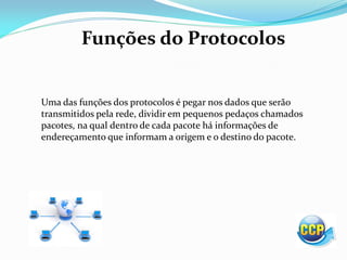 Funções do Protocolos
Uma das funções dos protocolos é pegar nos dados que serão
transmitidos pela rede, dividir em pequenos pedaços chamados
pacotes, na qual dentro de cada pacote há informações de
endereçamento que informam a origem e o destino do pacote.
 