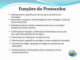 Funções do Protocolos
 Endereçamento: especificação clara do ponto de destino da
mensagem.
 Numeração e sequência: individualização de cada mensagem, através de
número sequencial.
 Estabelecimento da conexão: estabelecimento de um canal lógico
fechado entre fonte e destino.
 Confirmação de recepção: confirmação do destinatário, com ou sem
erro, após cada segmento de mensagem.
 Controle de erro: detecção e correção de erros
 Retransmissão: repetição da mensagem a cada recepção de mensagem.
 Conversão de código: adequação do código às características do
destinatário.
 Controle de fluxo: manutenção de fluxos compatíveis com os
recursos disponíveis.
 
