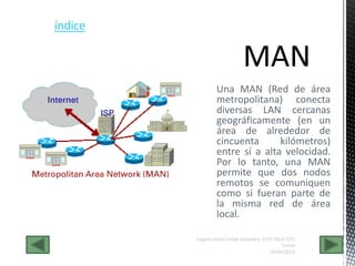 Una MAN (Red de área
metropolitana) conecta
diversas LAN cercanas
geográficamente (en un
área de alrededor de
cincuenta kilómetros)
entre sí a alta velocidad.
Por lo tanto, una MAN
permite que dos nodos
remotos se comuniquen
como si fueran parte de
la misma red de área
local.
28/04/2014 7
Legaria Hutzil Felipe Alejandro 1CV7 ESCA STO.
Tomas
índice
 