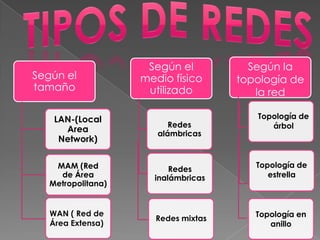 Según el
tamaño
LAN-(Local
Area
Network)
MAM (Red
de Área
Metropolitana)
Según el
medio físico
utilizado
Redes
alámbricas
Redes
inalámbricas
Según la
topología de
la red
WAN ( Red de
Área Extensa)
Redes mixtas
Topología de
árbol
Topología de
estrella
Topología en
anillo
 