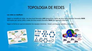 TOPOLOGIA DE REDES
Las redes se clasifican:
Según su tamaño en redes de área local llamadas LAN (pequeñas), redes de área metropolitana llamadas MAN
(formadas por varias LAN) y redes de área amplia llamadas WAN (por ejemplo Internet).
Según la forma en que se conecten los equipos tenemos : lineal o en bus, en estrella y en anillo.
 