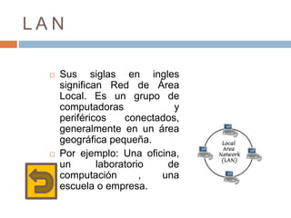 L A N
 Sus siglas en ingles
significan Red de Área
Local. Es un grupo de
computadoras y
periféricos conectados,
generalmente en un área
geográfica pequeña.
 Por ejemplo: Una oficina,
un laboratorio de
computación , una
escuela o empresa.
 